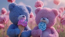 Blue Teddy Bear Holding A Pink Ice Cream Cone And A Pink Teddy Bear With A Blue Lollipop Indulging In Sweet Treats Their Joyful Expressions And Delightful Snacks Captured In High Definition