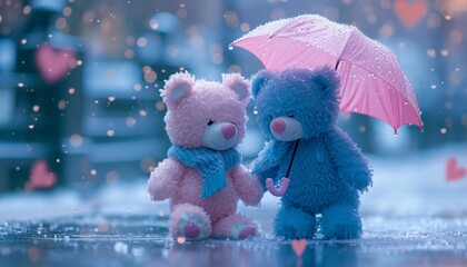Wall Mural - Blue teddy bear holding a pink umbrella and a pink teddy bear with a blue scarf enjoying a stroll on a rainy day their charming and whimsical attire captured in high definition