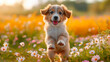 Cute puppy are playing on the summer meadow full of colorful flowers.