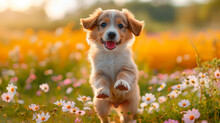 Cute Puppy Are Playing On The Summer Meadow Full Of Colorful Flowers.