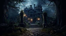A Desolate, Creaking Victorian Mansion With Overgrown, Thorny Vines Covering Its Facade, Casting Haunting Shadows In The Moonlight - Generative AI