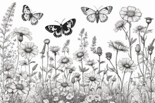 Hand Drawn Blooming Flowers And Butterflies On Blank Background. Black And White Wildflowers And Insects. Monochrome Elegant Floral Composition In Vintage Style. Generative Ai