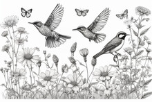 Hand Drawn Black And White Blooming Flowers, Butterflies, Birds On Blank Background. Monochrome Floral Composition In Vintage Style. Generative Ai
