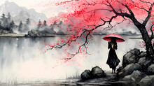 Girl With An Umbrella Under A Sakura Tree On The Shore Of A Lake Overlooking A Mountain In Black And Red Japanese Style