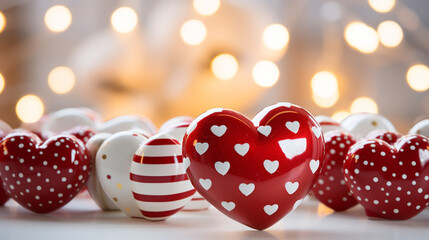 Wall Mural - Red hearts on wooden table against defocused lights.