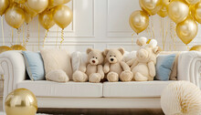 Teddy Bears Sit On The Couch With Pillows At A Children's Birthday Party