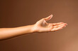 © idcreative.ddid - woman’s hand isolated on light brown or tan background. Empty open female hand on cream background with copy space. Close up of elegant palm faced upwards with space for your product.
