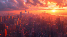 An Expansive And Detailed View Of A Bustling City Skyline At Sunset, Rich Orange And Pink Hues In The Sky, Generative Ai