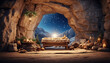 Christian Christmas scene with empty wooden manger, star of Bethlehem in cave. Birth of Jesus Christ, nativity scene. AI generated