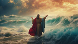 Fototapeta  - Moses with stretched hands near waters of Red Sea, Crossing the Red Sea - Bible Story. AI generated