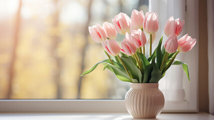 Wall Mural - White tulips in a vase. Valentine's flower bouquet. Flowers near the window. Tulips.