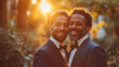 Two gay men getting married Happily hugging each other