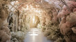 Tunnel of flower blossoms and petals blowing in the wind
