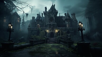 Wall Mural - A haunted, centuries-old estate engulfed in perpetual mist, its Gothic architecture and moss-covered walls creating an ominous sight - Generative AI