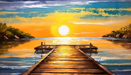 Wall Mural - sunset painting with the ocean on the coast painting on a dock in front of the sun illustration
