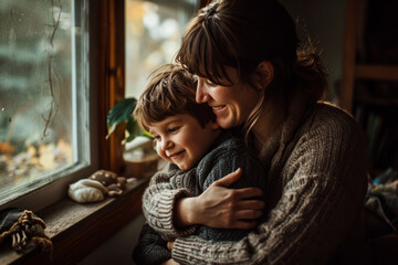 Affectionate moment between smiling caucasian mother and son at home, showcasing a warm, loving family dynamic