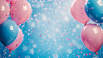 Pink and blue balloons and confetti background with copy space for festive gender reveal party or baby shower backdrop