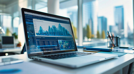 Modern Business Workspace: A modern office setup with a businessman analyzing financial charts on a computer
