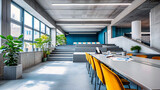 Fototapeta  - Corporate Meeting Room: An empty and modern corporate meeting hall with a stylish design and wooden furniture