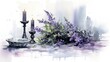 Artistic watercolor painting of an Ash Wednesday scene, featuring a candle, ash cross, and purple flowers, tranquil and spiritual atmosphere.