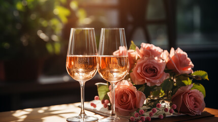 Wall Mural - Rose wine tasting, glass of rose wine poured from bottle outdoors in garden party in vineyard, ripe grapes on wooden table, sunlight, harvest time, copy space