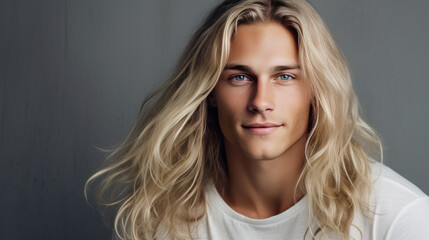 Wall Mural - Elegant sexy smiling Caucasian blond man with blond and long hair with perfect skin, on a silver background, banner.