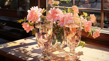 Wall Mural - Rose wine tasting, glass of rose wine poured from bottle outdoors in garden party in vineyard, ripe grapes on wooden table, sunlight, harvest time, copy space