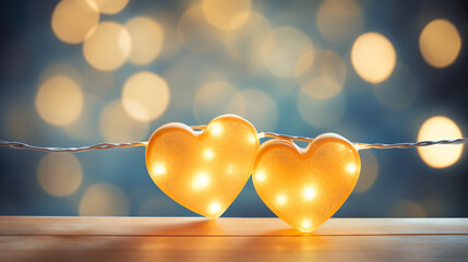 Wall Mural - Saint Valentine day greeting card with hearts against festive blue bokeh background.