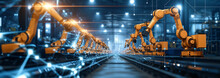 Heavy Automation Robot Arms. Smart Factory With Connected Infrastructure. Industry 4.0 Concept Image.