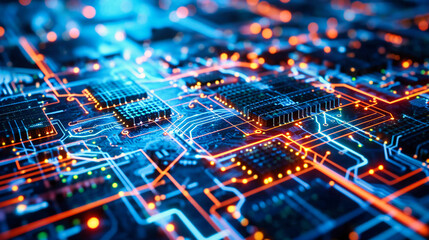 Digital Technology Lines: Abstract representation of digital technology lines and circuits in a blue background