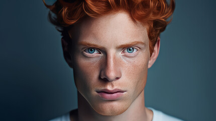 Canvas Print - Handsome elegant sexy Caucasian man with perfect skin and red hair, on a dark blue background, banner, close-up.