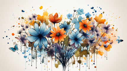 Wall Mural - Abstract, watercolor, heart-shaped flowers, flowers, feathers, painting, plants, and graffiti