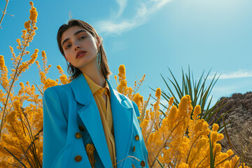 Young brunette fashion model posing outside in nature flowers. Girl showing or promoting a new clothing brand. Sunny spring day.