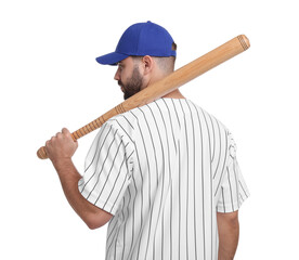 Wall Mural - Man in stylish blue baseball cap holding bat on white background, back view