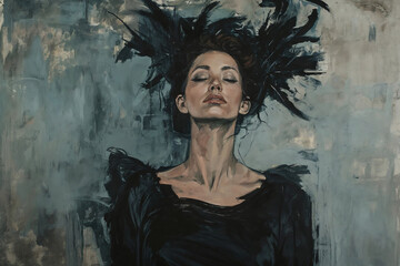 An abstract oil painting portraying a woman with a feathered black dress and a relaxed expression