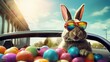 Easter bunny in sunglasses on vacation resort celebrates Easter in car with Easter eggs. easter concept, travel, car, celebration