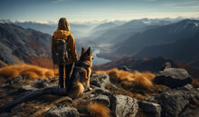 Cinematic Image Of A Hiker Girl With German Shepherd Dog At The Top Of The Mountain With Rocks, Colorful Trees And Lake. Long Shot Of A Beautiful Scene From The Top Of The Mountain.