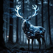 Silver glowing magical deer in dark forest