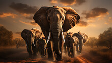 Elephant Gathering. A Small Group Of Elephants Gather At A Waterhole On A Summer's Day Under Threatening Skies.