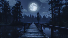 A Wooden Bridge Crosses Dark Water Under A Full Moon, Tall Trees Casting Shadows As Nature Invites Exploration At Night.