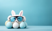 Creative Blue Cute Easter Bunny Wearing Glasses On Easter Eggs With Place For Text. Easter Concept, Blue, Text,
