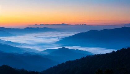 Poster - a magical view of the mountainous area in a foggy morning