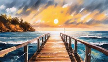 Sunset Painting With The Ocean On The Coast Painting On A Dock In Front Of The Sun Illustration
