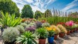 a plant nursery or garden center display of potted perennials and grasses with colorful flowers and foliage