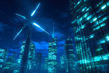 Fototapeta Do przedpokoju - Futuristic Energy: Blue-Green Neon Turbines at Night
