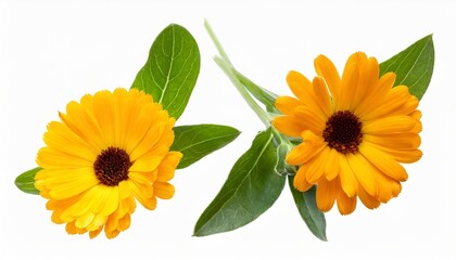 Canvas Print - calendula officinalis flower isolated on white or transparent background marigold medicinal plant healing herb set of two falling calendula flowers with green leaves