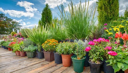 Poster - a plant nursery or garden center display of potted perennials and grasses with colorful flowers and foliage