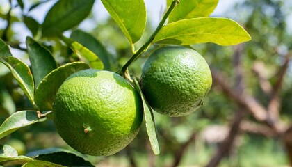 Wall Mural - green lime a citrus fruit with lime leaves on tree branch twig