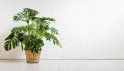 Wall Mural - tropical plant with lush leaves on floor near white wall space for text