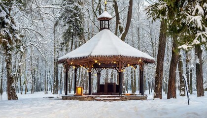 Canvas Print - outdoor concert stage in folk style and a lantern with a snow cap among snow covered trees in a winter park